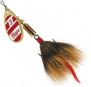 Inline spinner fishing lure, also known as a rooster tail